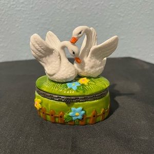 Hinged Trinket Box TWO SWANS Porcelain Birds Lake
Geese Duck